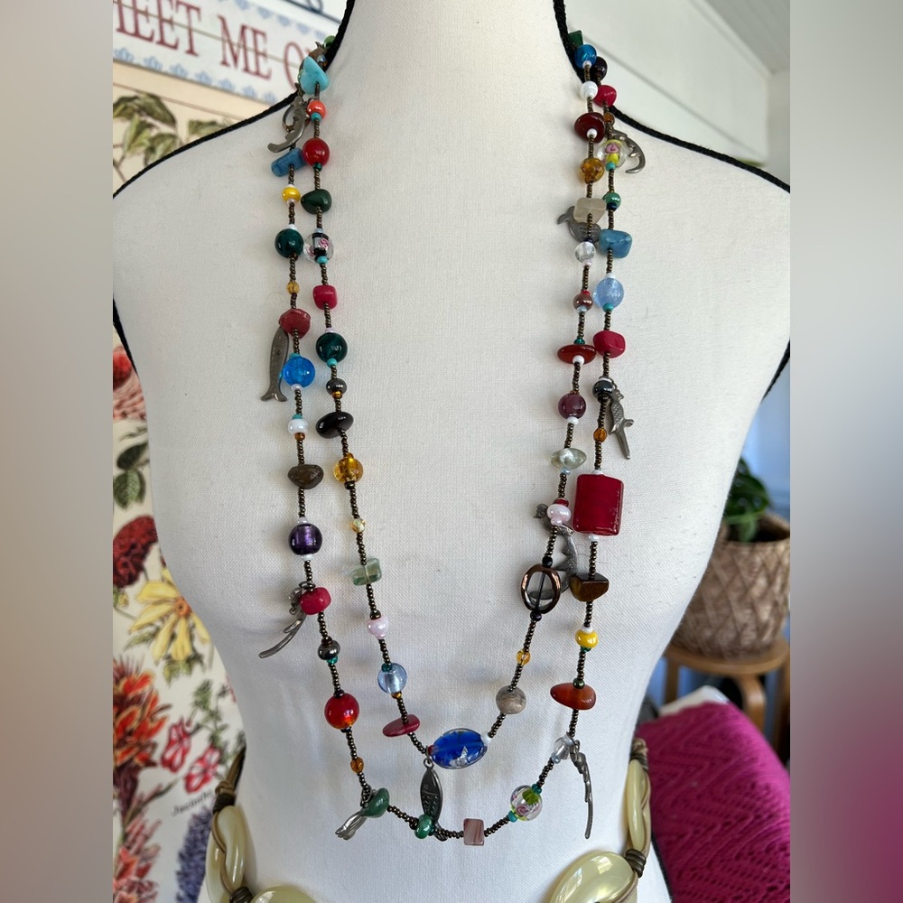 Double strand beaded and art glass with metal animals fetish necklace.